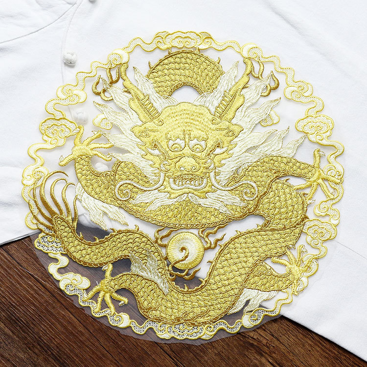 Ethnic Fashion Men - Golden thread dragon circular fabric patch