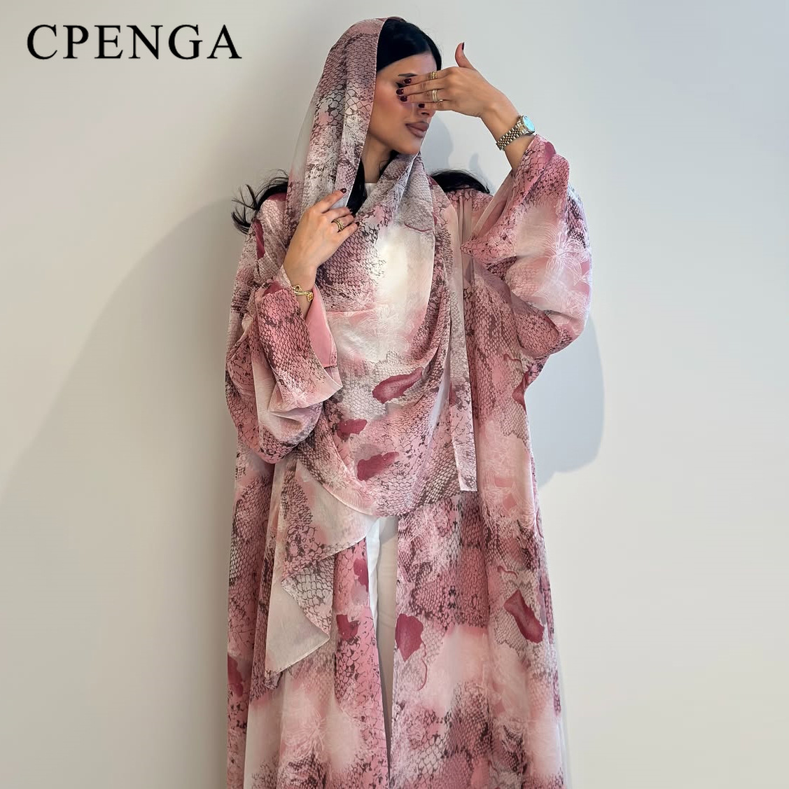 Abaya Modest Wear - 2026 Luxury Dubai Pink Print Chiffon