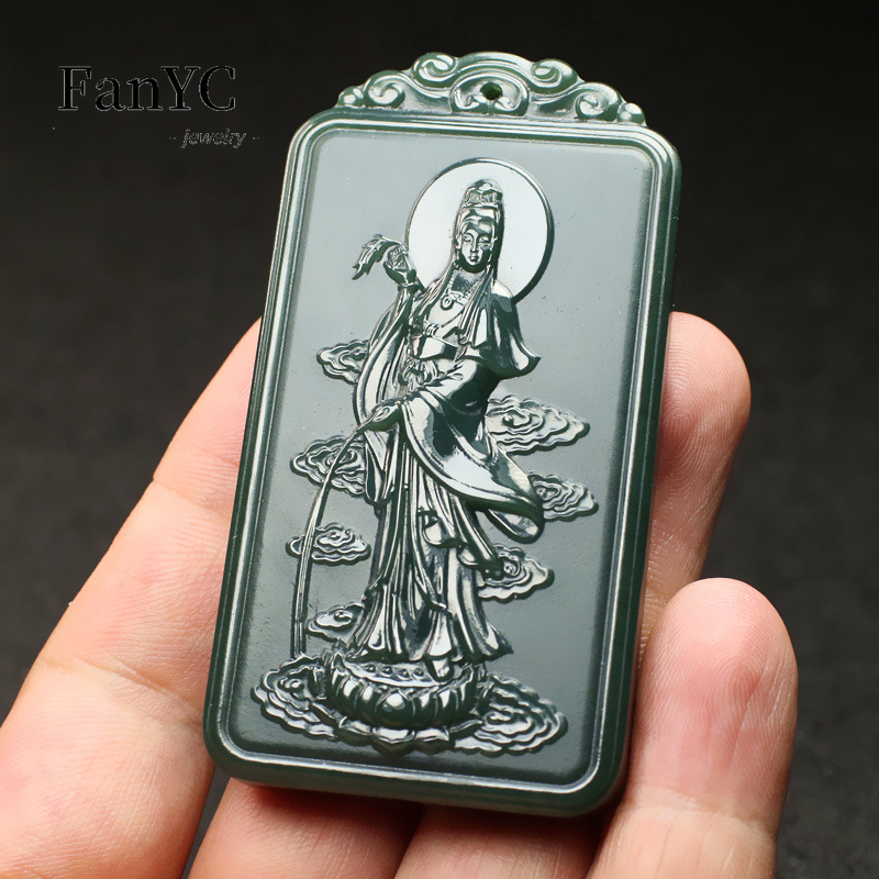 Ethnic Fashion Men - Natural Hetian Jade Qingyu Guanyin Necklace